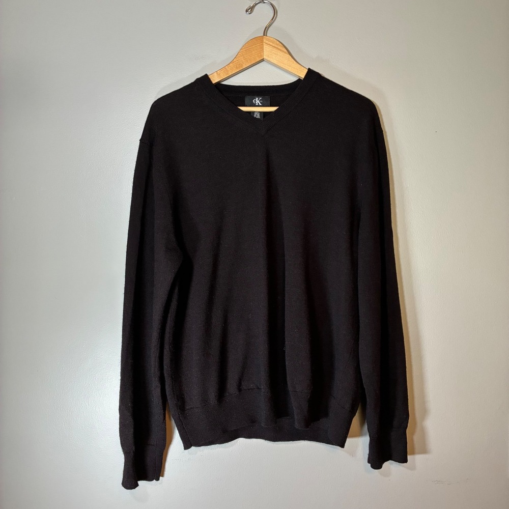 Calvin Klein Jeans Mens XL Dark Brown 100% Merino Wool V-Neck Sweater Pullover